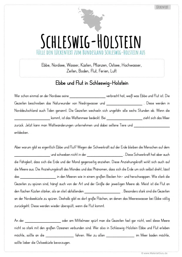 Arbeitsblatt: Lückentext Schleswig-Holstein