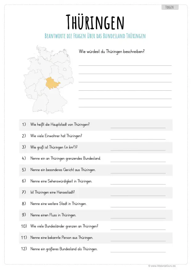 Arbeitsblatt: 12 Fragen über Thüringen