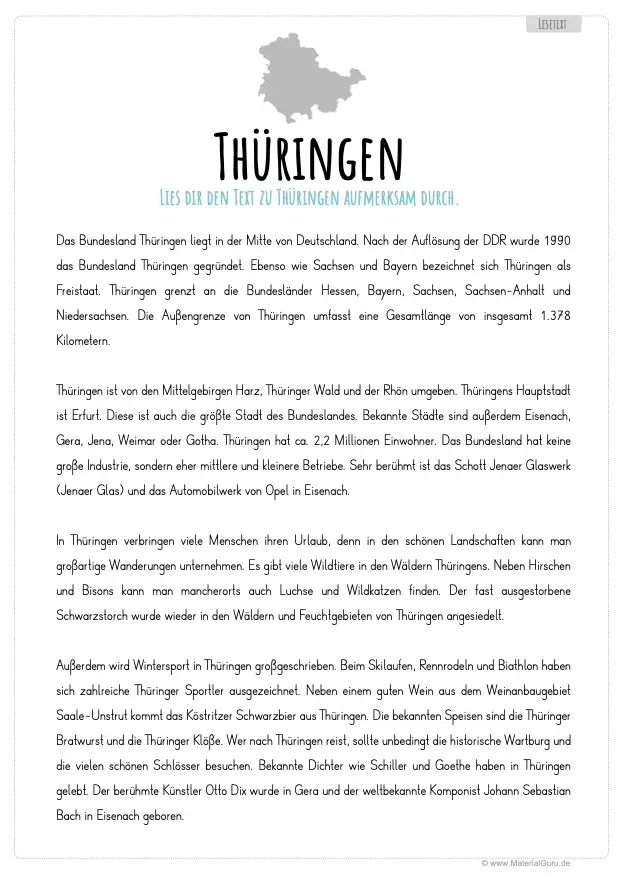 Arbeitsblatt: Lesetext über Thüringen