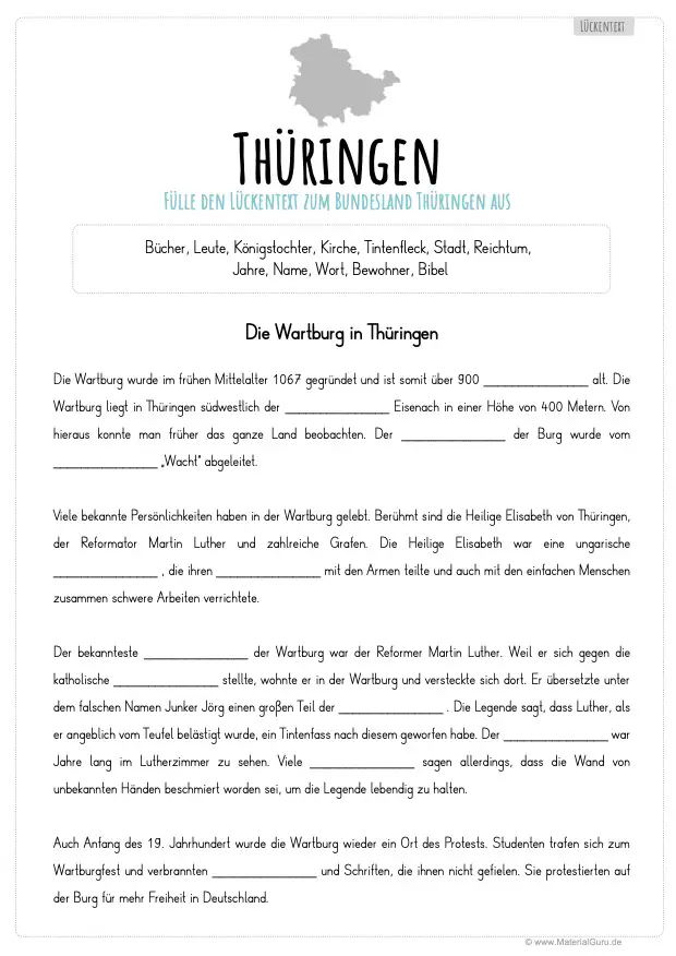 Arbeitsblatt: Lückentext Thüringen