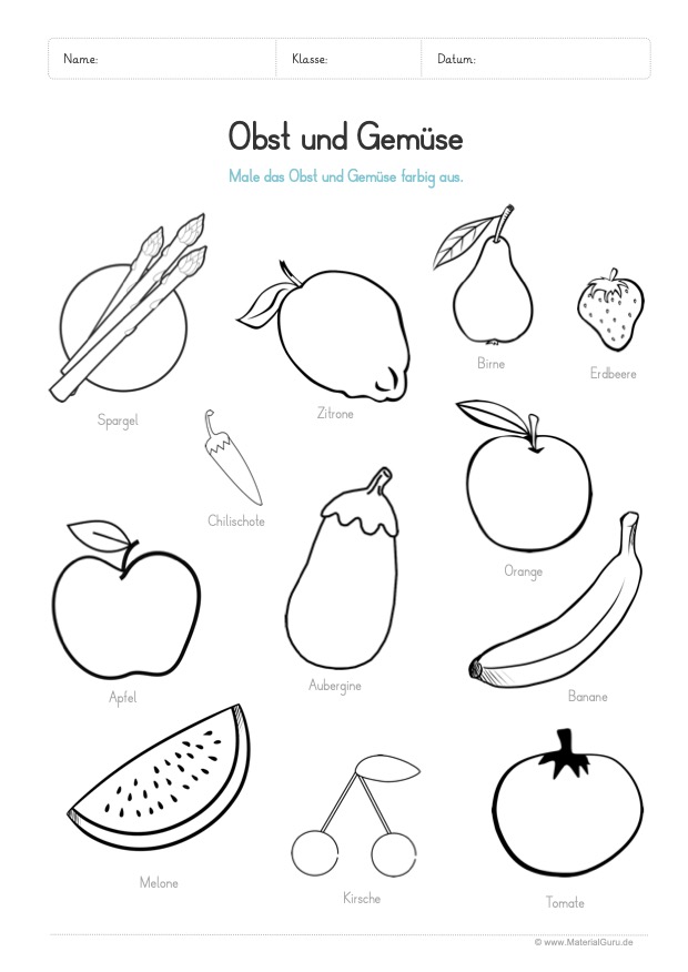 Arbeitsblatt: Obst und Gemüse farbig ausmalen