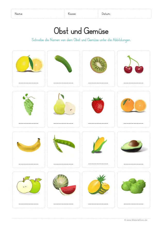 Arbeitsblatt: Obst und Gemüse beschriften