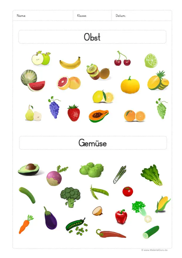 Arbeitsblatt: Übersicht mit Obst und Gemüse