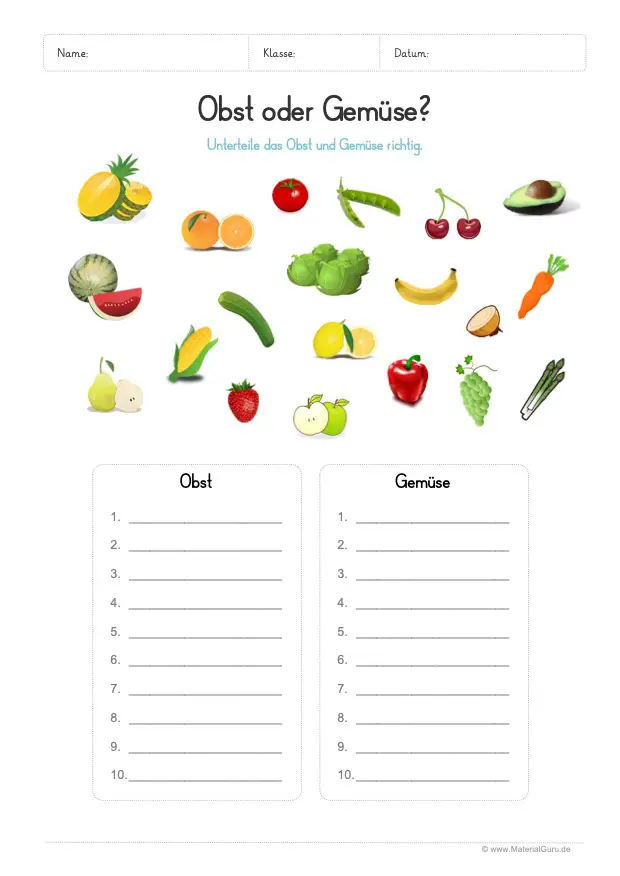 Arbeitsblatt: Obst und Gemüse unterscheiden