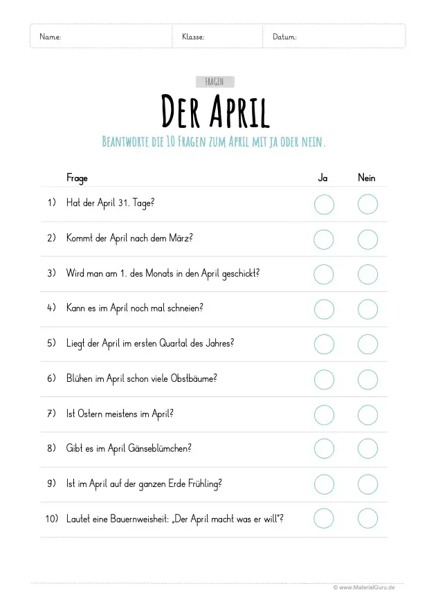 Arbeitsblatt: 10 Fragen zum April