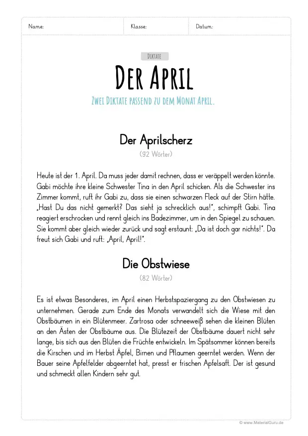 Arbeitsblatt: April Diktate