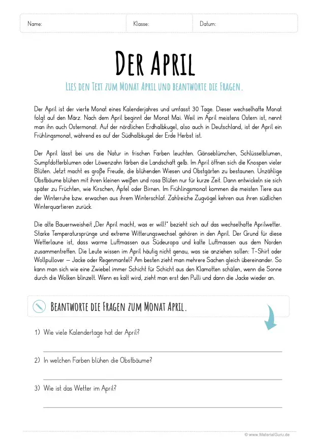 Arbeitsblatt: April Lesetext