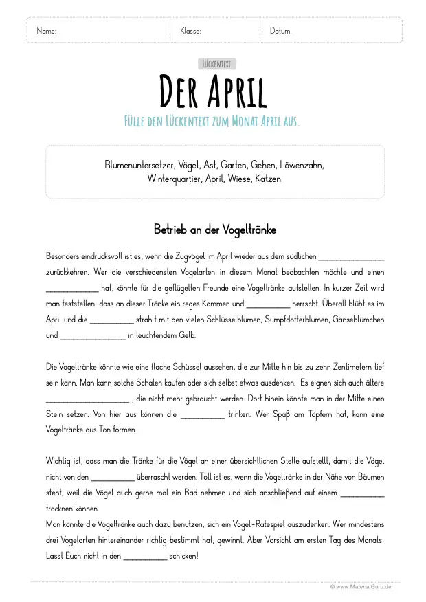 Arbeitsblatt: April Lückentext