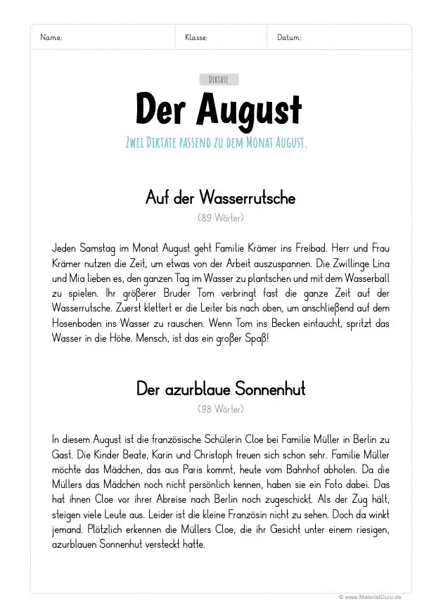 Arbeitsblatt: Diktate zum Monat August