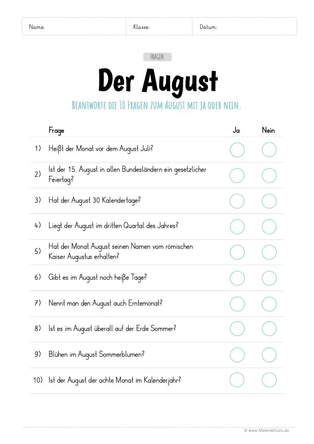 Arbeitsblatt: 10 Fragen zum August