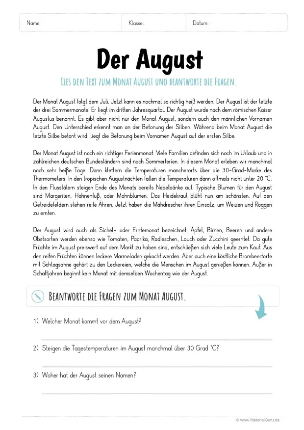 Arbeitsblatt: Lesetext zum Monat August