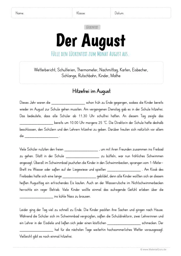 Arbeitsblatt: Lückentext zum Monat August