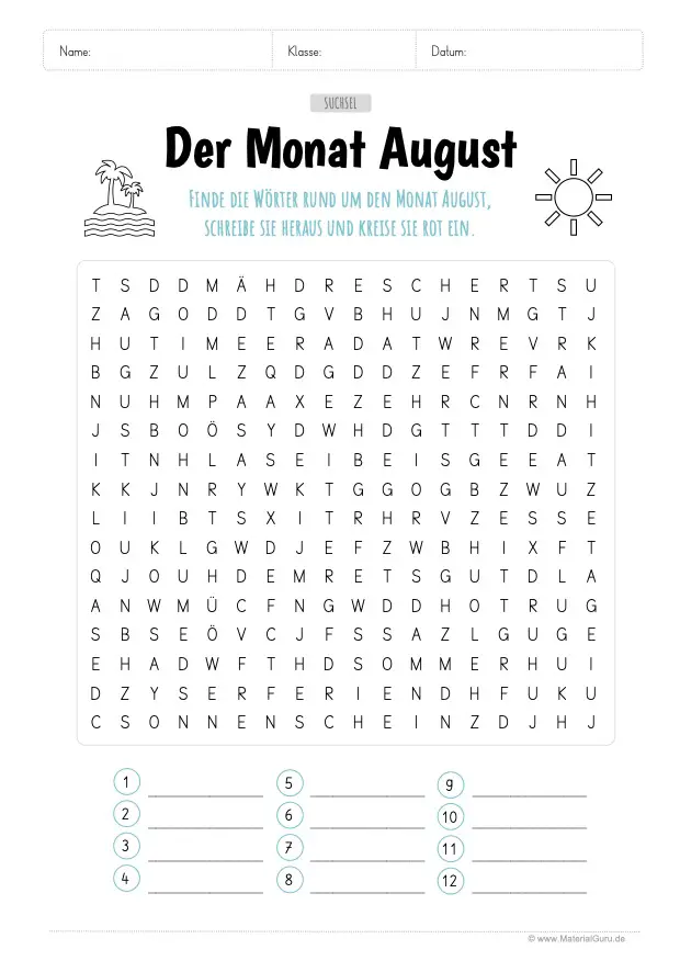 Arbeitsblatt: Suchsel Monat August