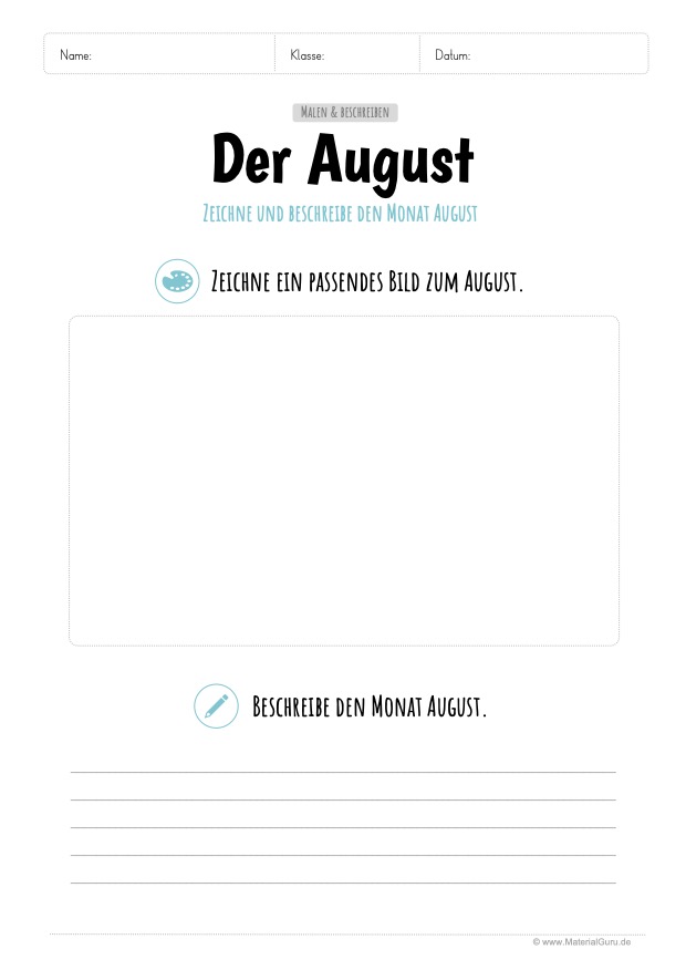 Arbeitsblatt: Den Monat August malen und beschreiben