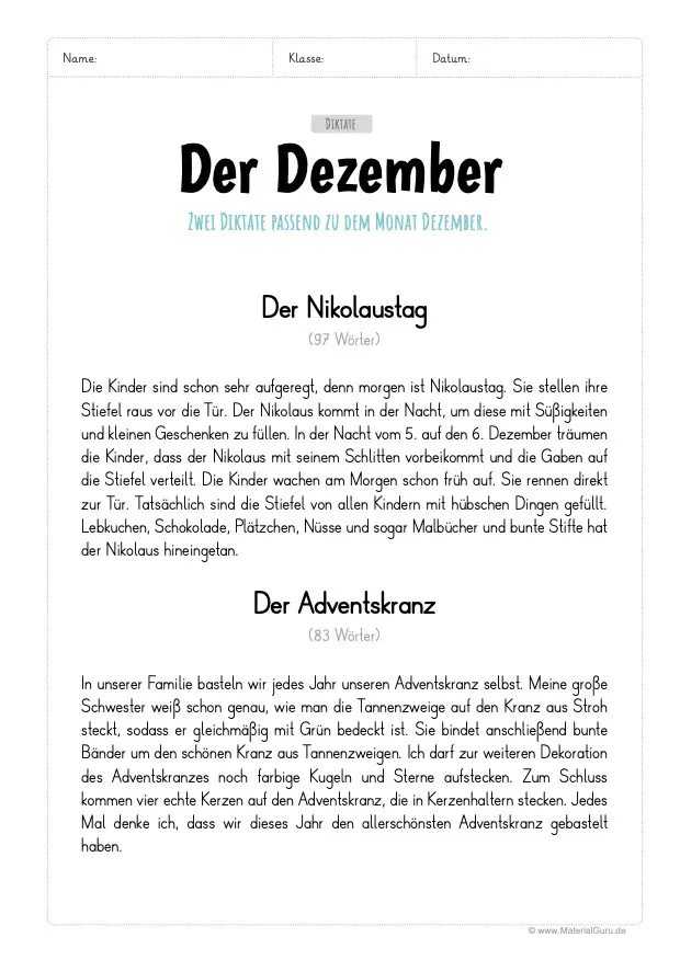 Arbeitsblatt: Diktat Dezember