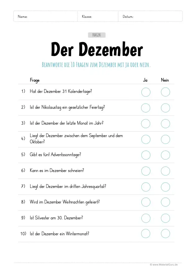 Arbeitsblatt: 10 Fragen zum Dezember