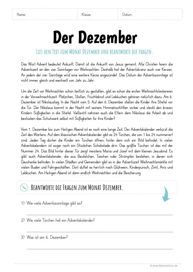 Arbeitsblatt: Lesetext zum Dezember mit Fragen