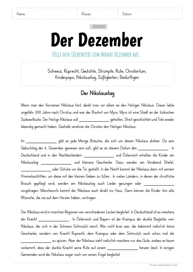 Arbeitsblatt: Lückentext Dezember