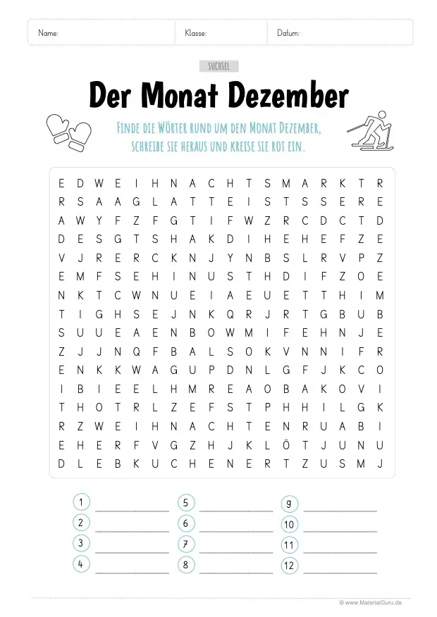 Arbeitsblatt: Dezember Suchsel