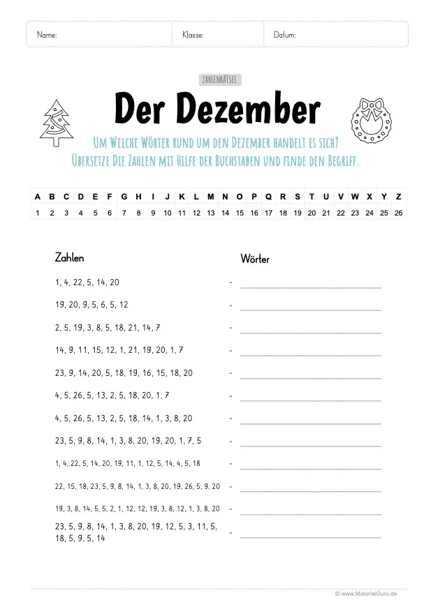 Arbeitsblatt: Dezember Zahlenrätsel