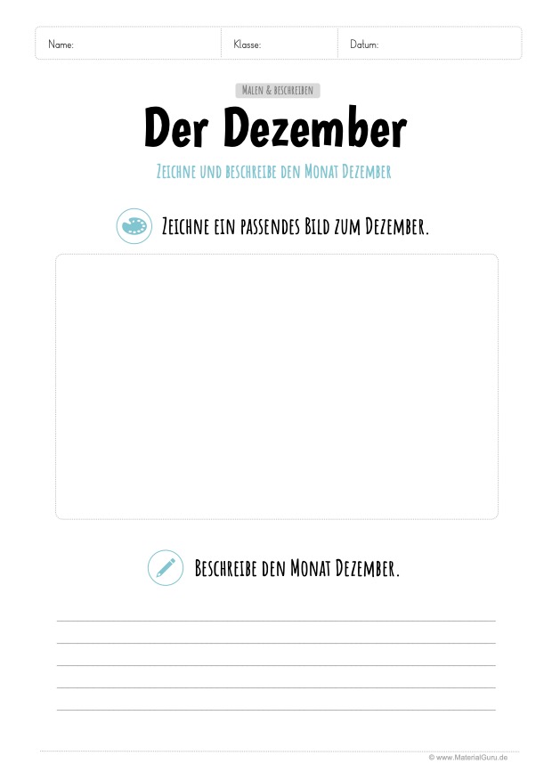 Arbeitsblatt: Den Dezember malen und beschreiben