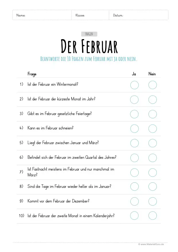 Arbeitsblatt: 10 Fragen zum Februar