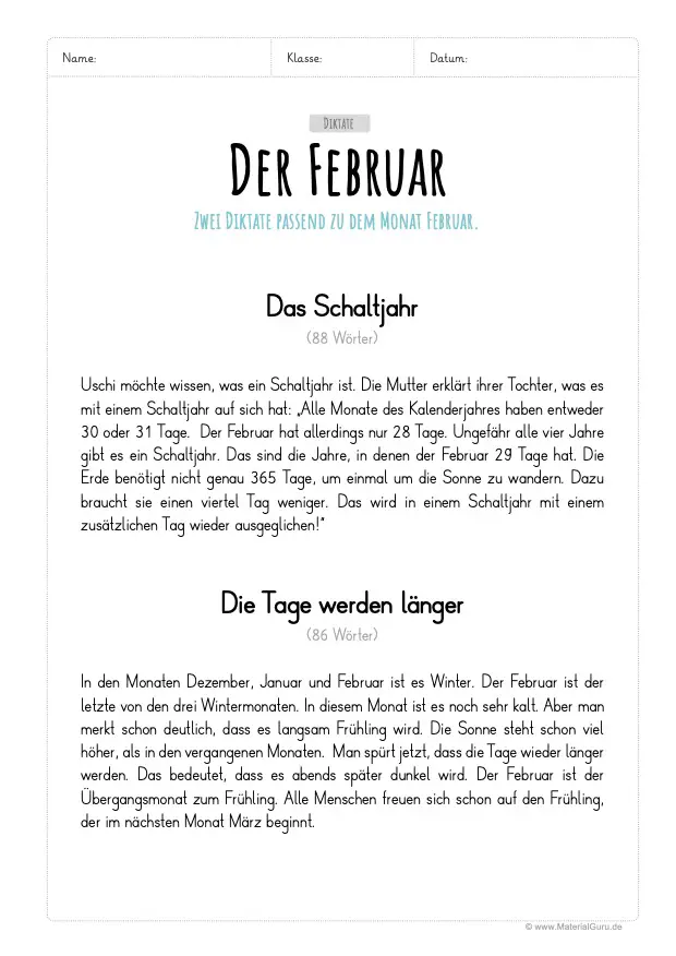 Arbeitsblatt: Diktate Februar