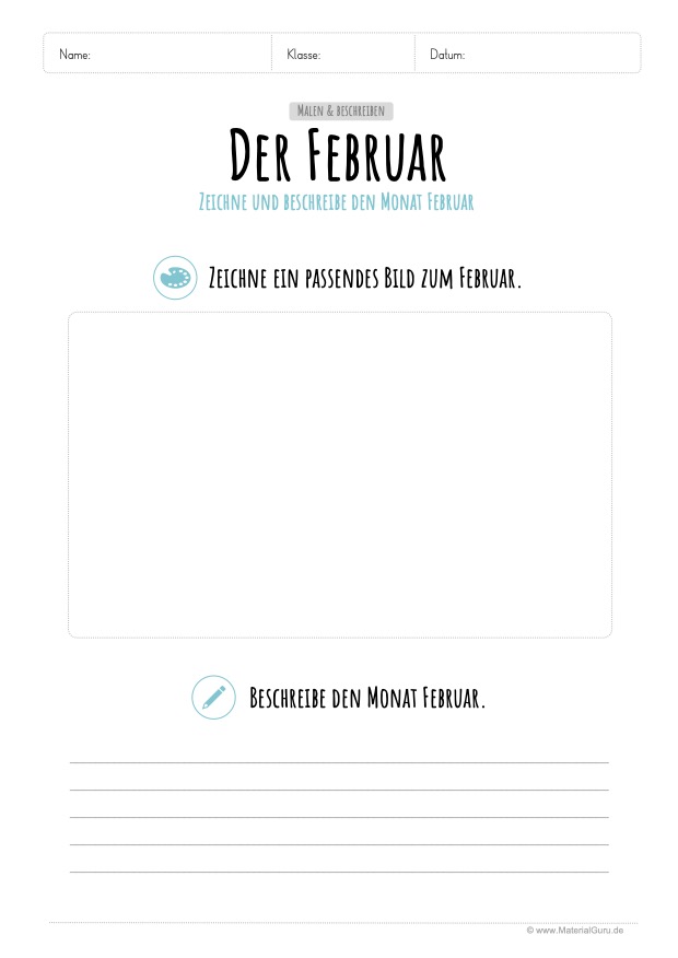 Arbeitsblatt: Den Monat Februar zeichnen und beschreiben