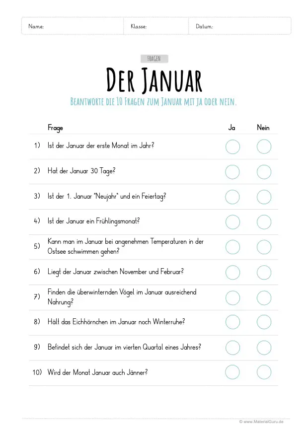 Arbeitsblatt: 10 Fragen zum Januar