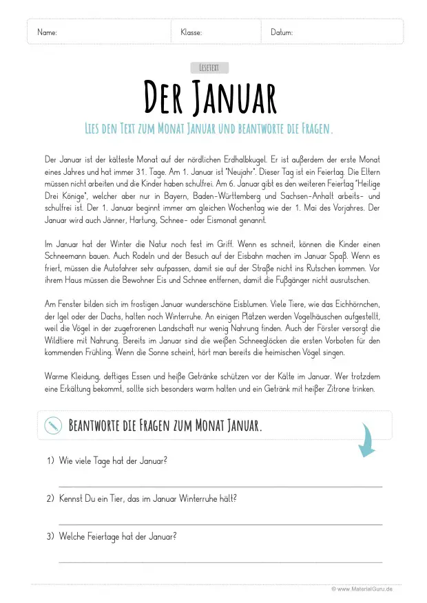 Arbeitsblatt: Lesetext zum Januar