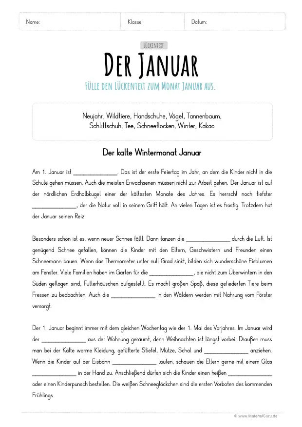 Arbeitsblatt: Lückentext zum Januar