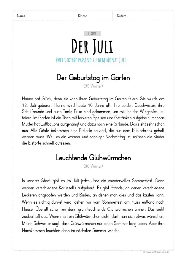 Arbeitsblatt: Diktate zum Juli