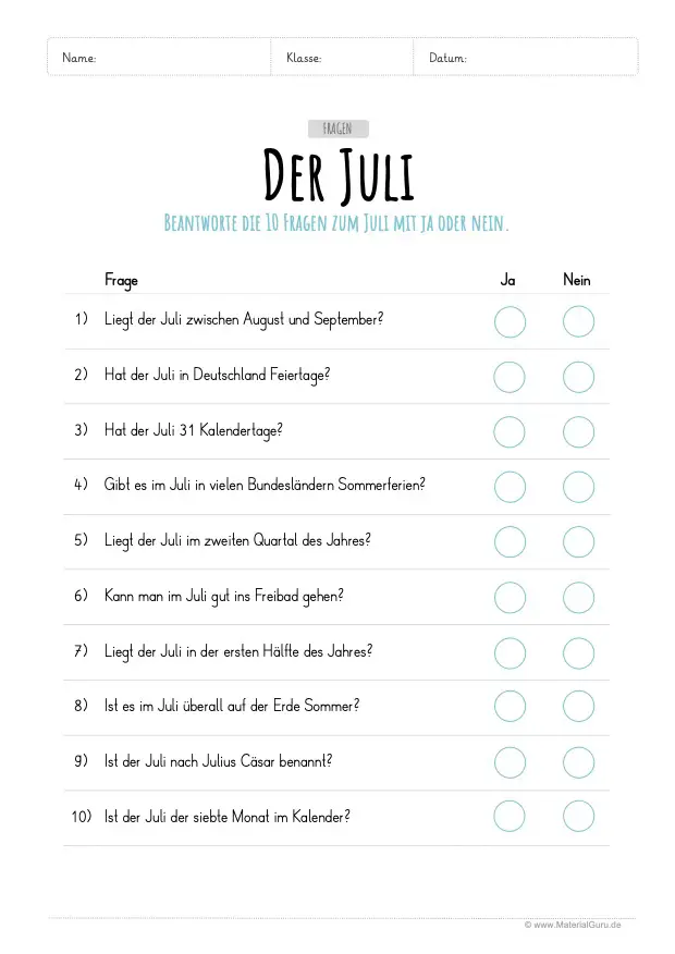 Arbeitsblatt: 10 Fragen zum Juli