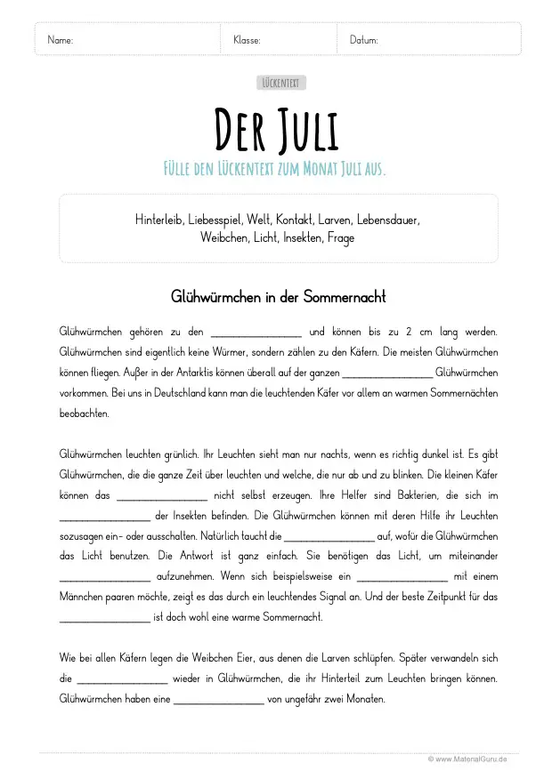 Arbeitsblatt: Lückentext zum Juli