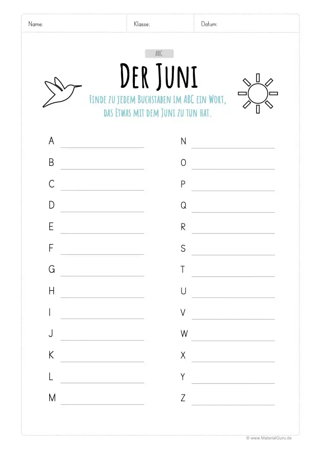 Arbeitsblatt: Juni ABC