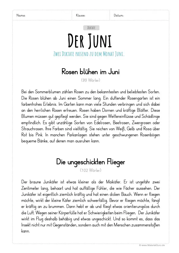 Arbeitsblatt: 2 Diktate zum Monat Juni