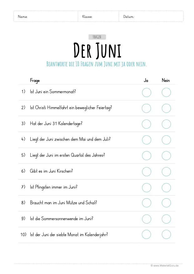 Arbeitsblatt: 10 Fragen zum Juni beantworten