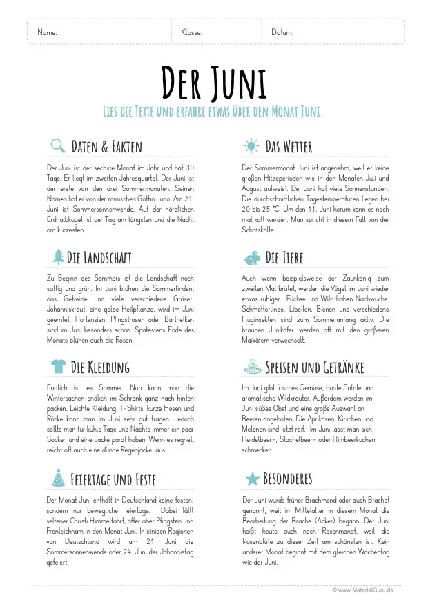 Arbeitsblatt: Infotext zum Juni