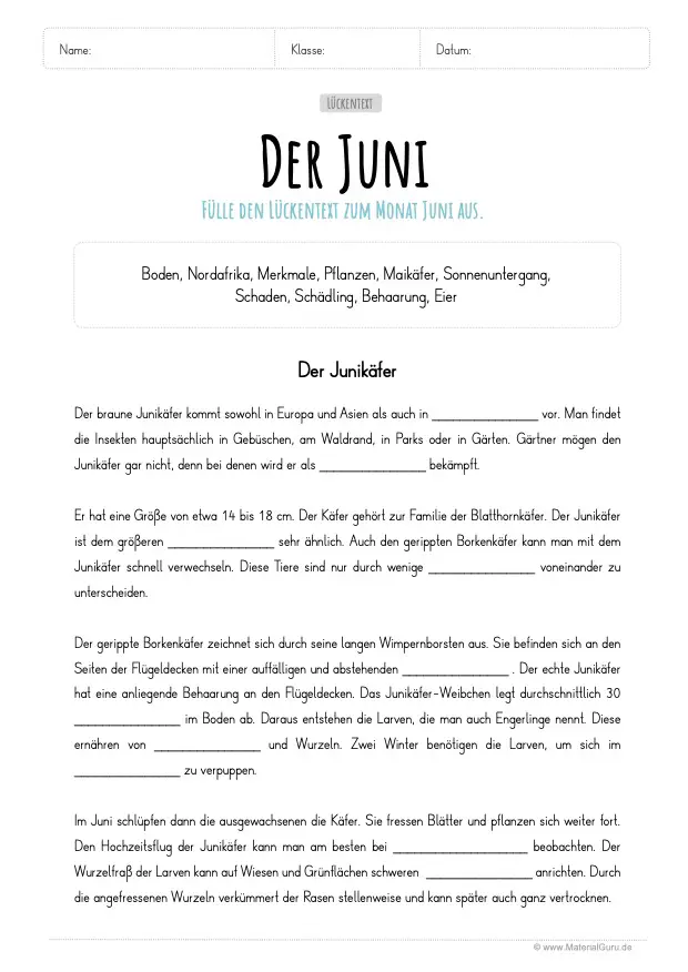 Arbeitsblatt: Lückentext zum Juni