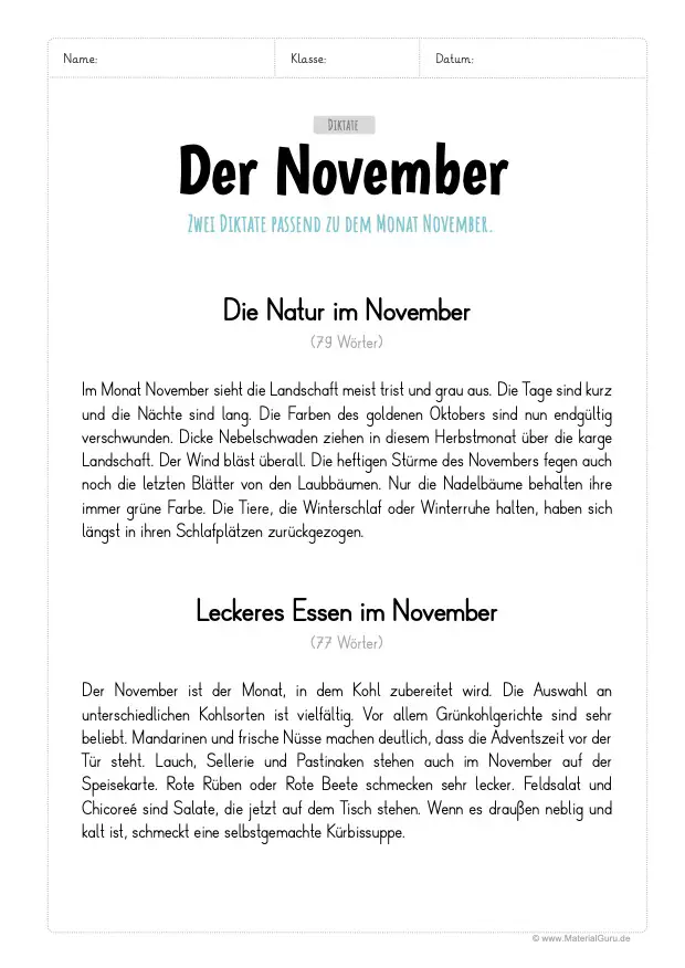 Arbeitsblatt: Diktat November