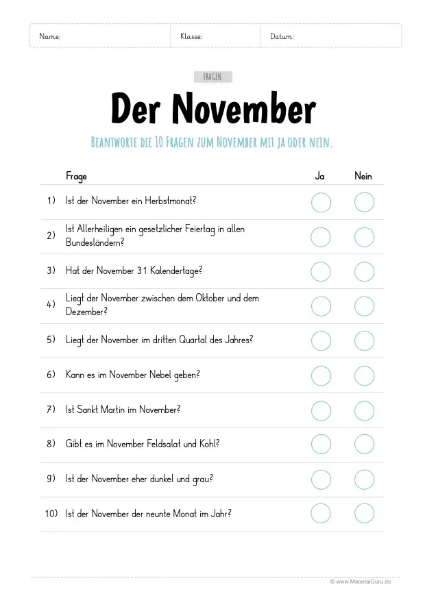 Arbeitsblatt: 10 Fragen zum November