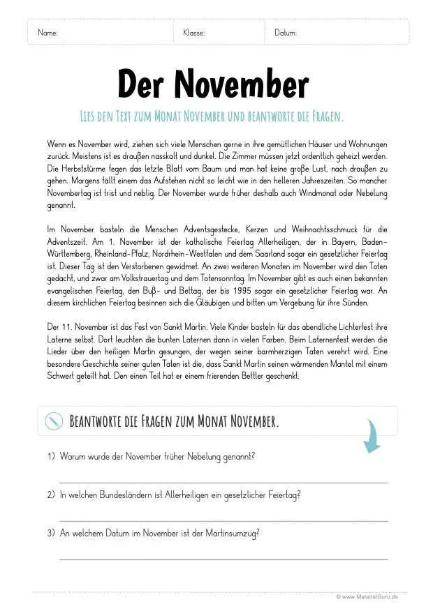 Arbeitsblatt: Lesetext November