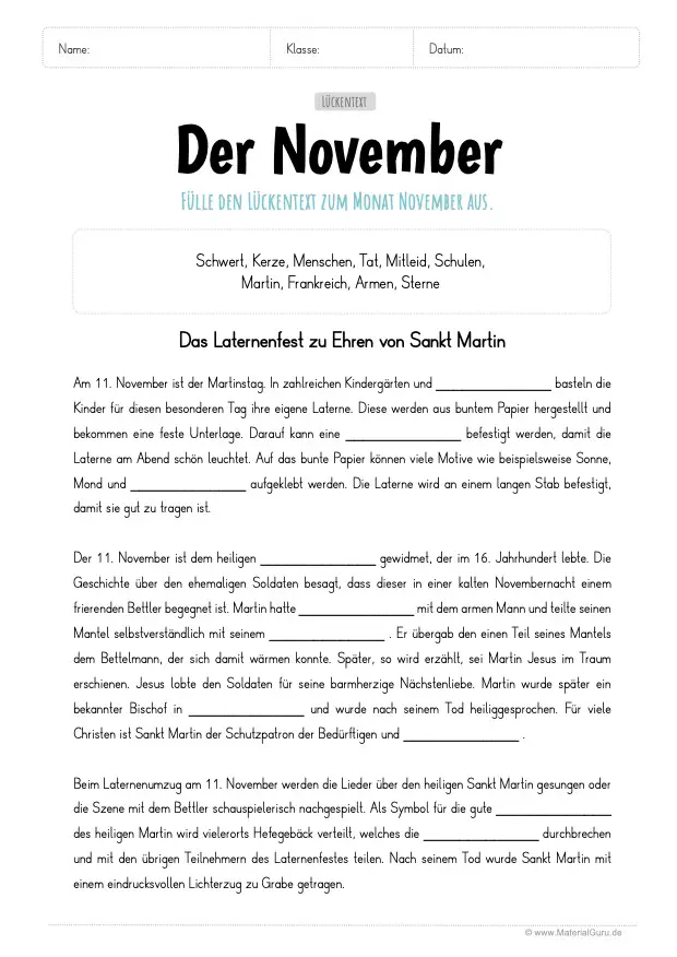 Arbeitsblatt: Lückentext November