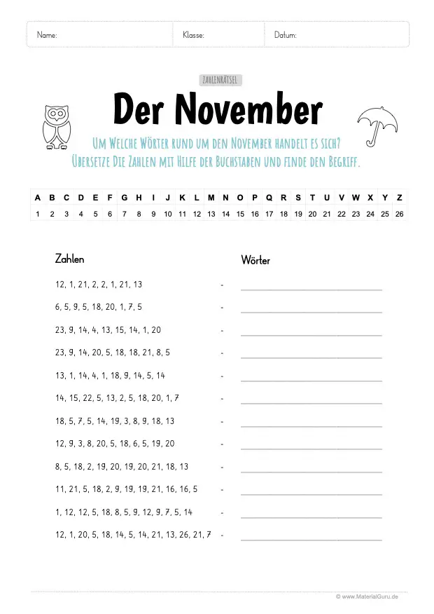 Arbeitsblatt: Zahlenrätsel November