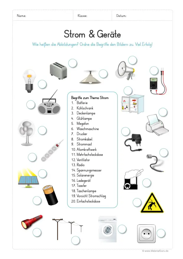 Arbeitsblatt: 20 Geräte mit Strom zuordnen