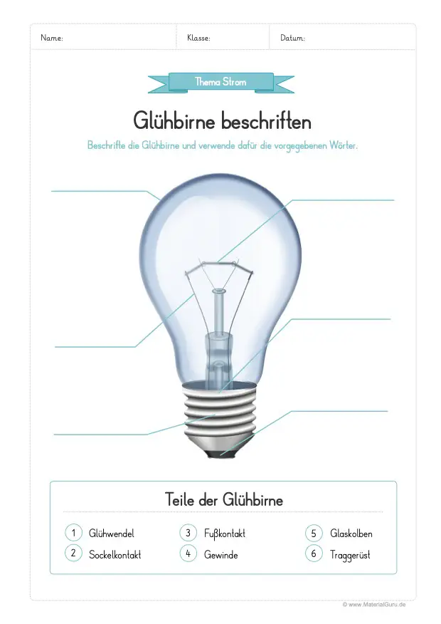 Arbeitsblatt: Glühbirne beschriften