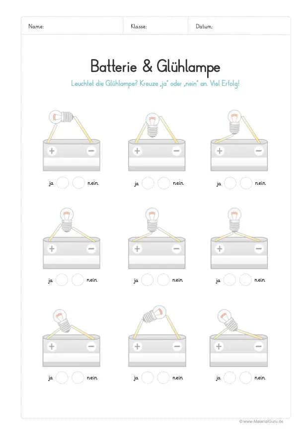 Arbeitsblatt: Batterie & Glühlampe: Wann leuchtet die Glühlampe?