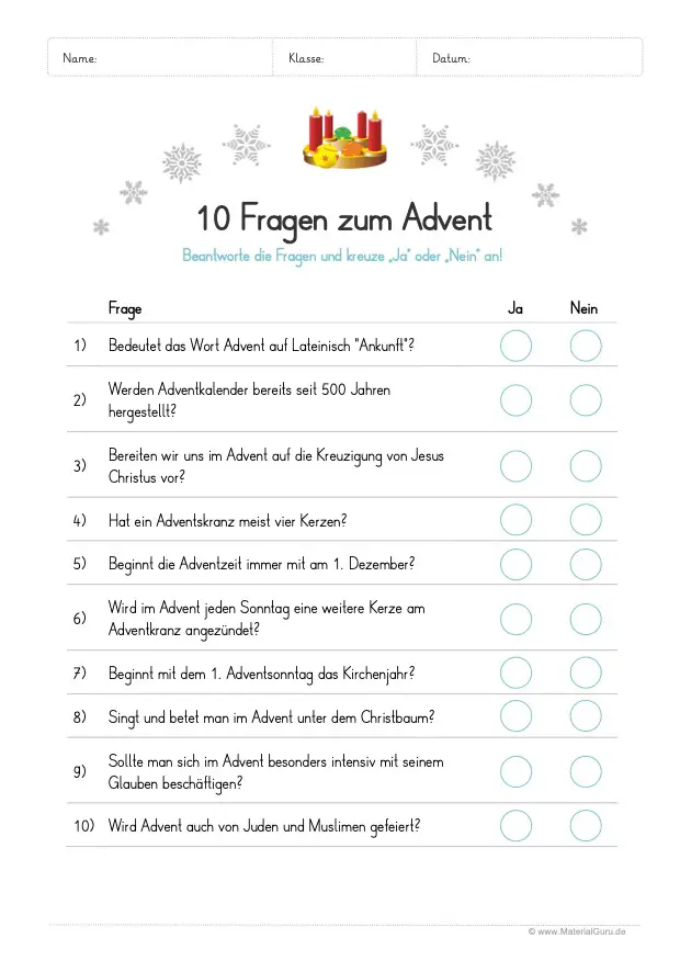Arbeitsblatt: 10 Fragen zum Advent