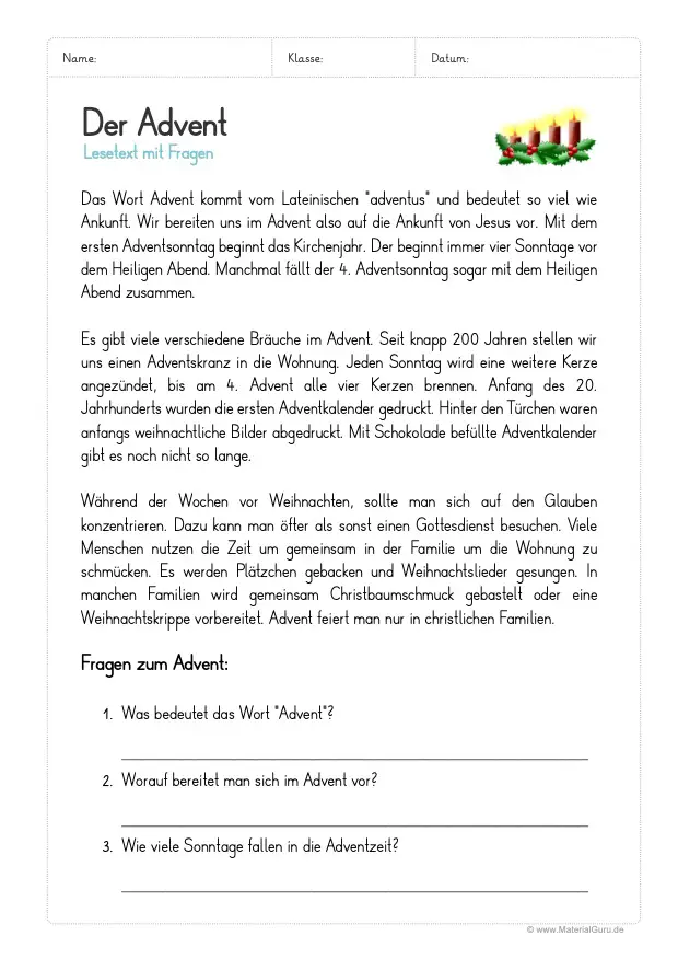 Arbeitsblatt: Lesetext zum Advent mit 3 Fragen