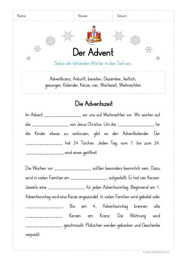 Arbeitsblatt: Lückentext zum Advent